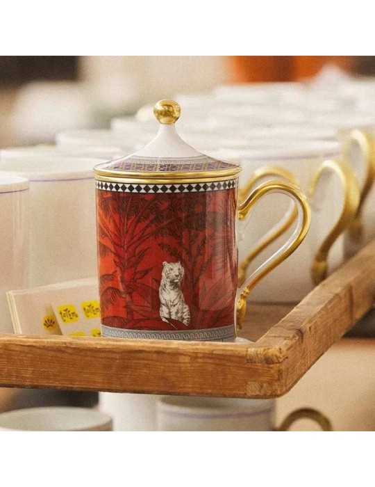 Mug Totem Tigre con Coperchio in Porcellana e...