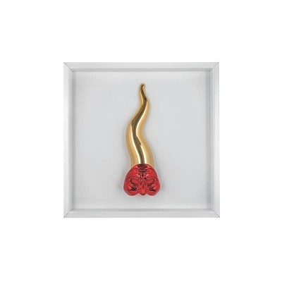 Quadro Bianco con Corno Oro e Maschera Pulcinella 33x33...