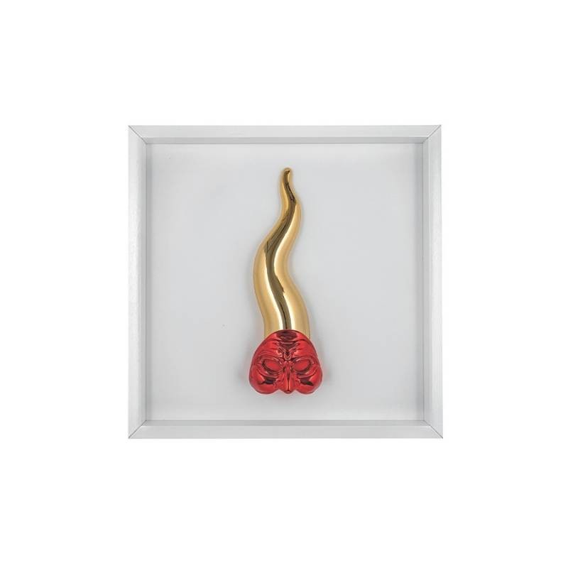 Quadro Bianco con Corno Oro e Maschera Pulcinella 33x33 Bongelli Preziosi