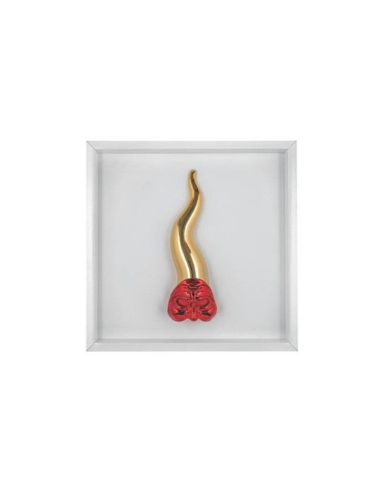 Quadro Bianco con Corno Oro e Maschera Pulcinella 33x33 Bongelli Preziosi