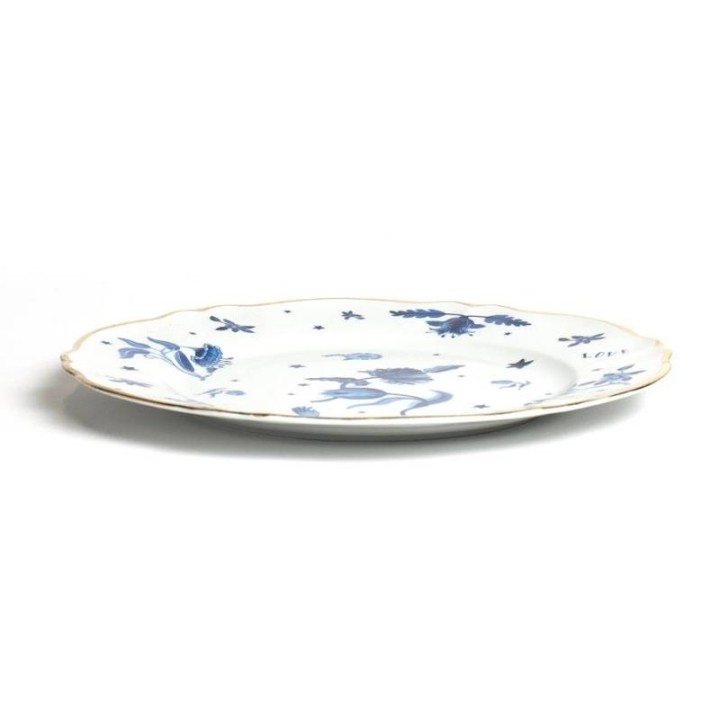 Bitossi Piatto portata floreale blu con bordo oro Ø 32,5 cm