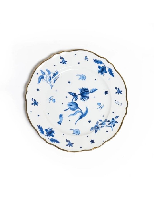 Piatto Portata Tondo Floreale Blu Bitossi Home in Porcellana Ø32,5 cm Bordo Oro