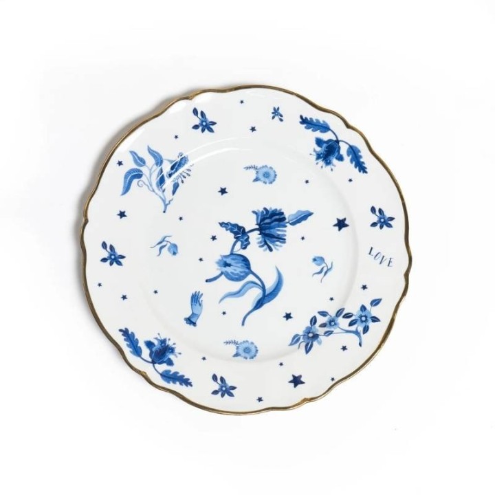 Bitossi Piatto portata floreale blu con bordo oro Ø 32,5 cm