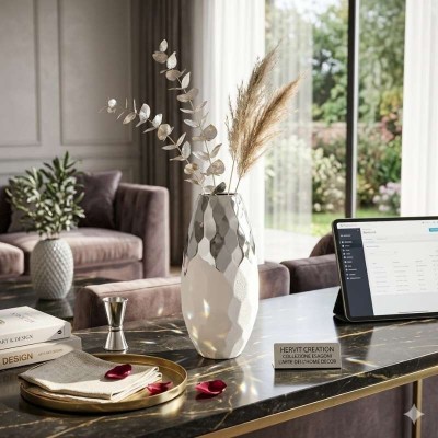 Vaso in Gres Hervit Creation Esagoni Bianco e Argento –...