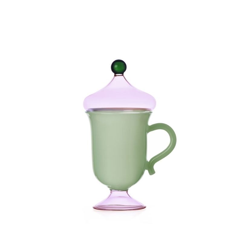 Ichendorf Milano Mug con Coperchio Sogni d'Oriente Verde Opaco/Rosa - Tazza da Tè in Vetro Borosilicato