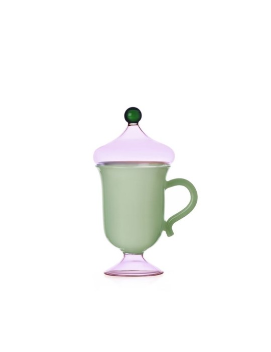 Ichendorf Milano Mug con Coperchio Sogni d'Oriente Verde Opaco/Rosa - Tazza da Tè in Vetro Borosilicato