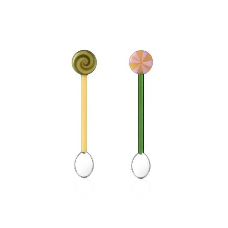 Set 2 Cucchiaini in Vetro con Lecca-Lecca Giallo e Verde Schiaccianoci Ichendorf