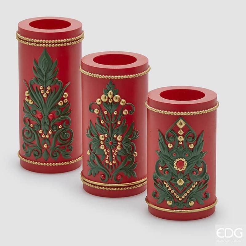 EDG Set 3 Portacandele Xmas Cilindro Rossi, Verdi e Oro