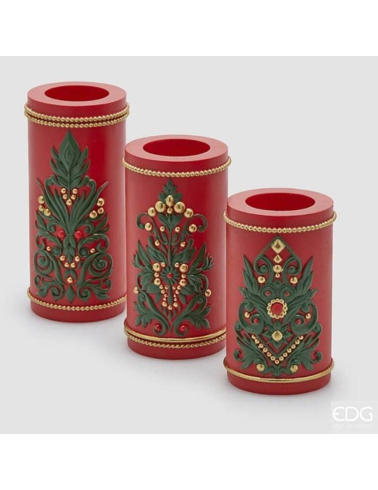 EDG Set 3 Portacandele Xmas Cilindro Rossi, Verdi e Oro