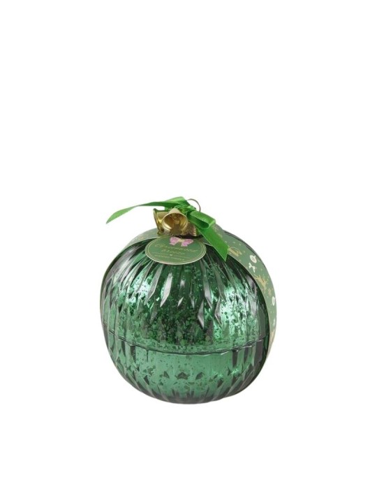 Candela Sfera di Natale in Vetro Verde con Nastro e Campanellini - EDG Enzo De Gasperi (Fragranza Greenwood Breeze, Ø 8 cm)