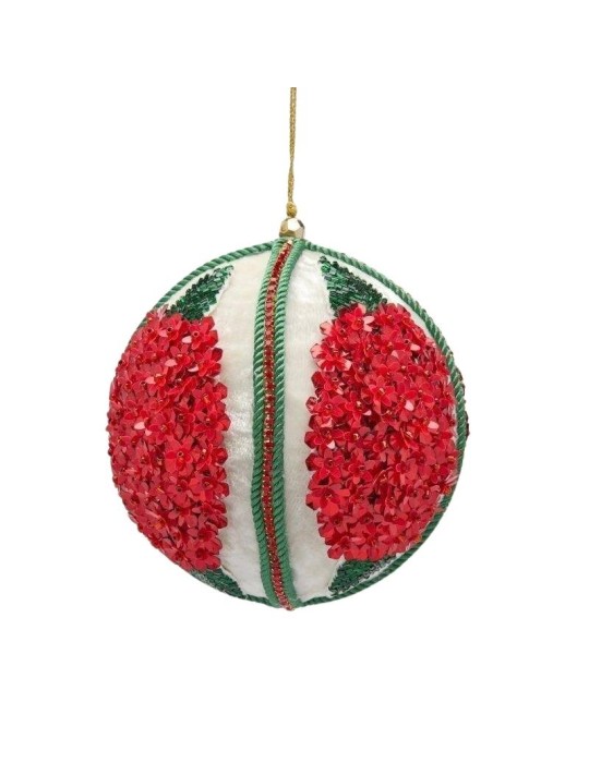 Sfera Natalizia in Velluto Bianco e Verde con Ricamo Floreale di Paillettes Rosse Ø 12 cm - EDG Enzo De Gasperi