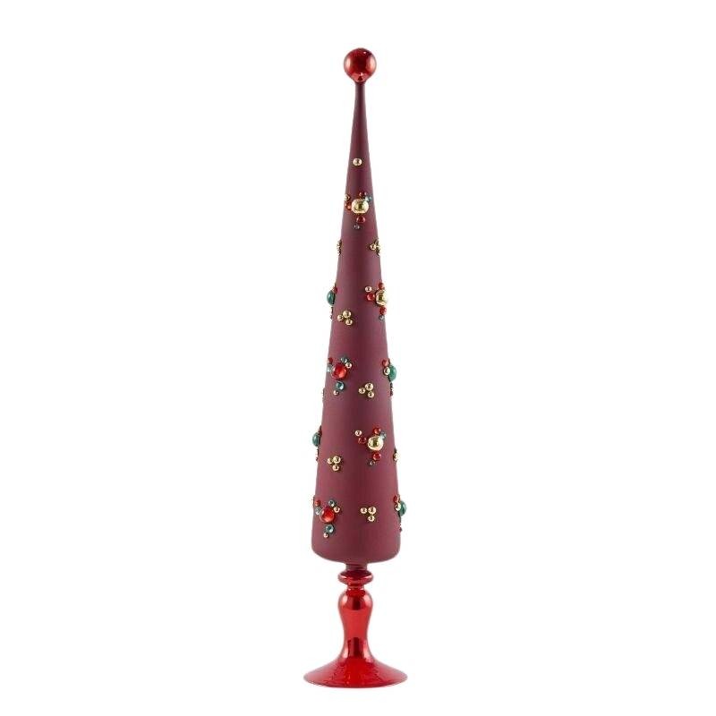Albero di Natale Conico in Vetro Rosso Satinato con Decori Gioiello a Bolle H 70 cm - EDG Enzo De Gasperi