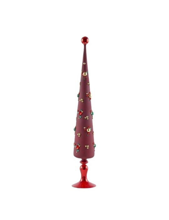 Albero di Natale Conico in Vetro Rosso Satinato con Decori Gioiello a Bolle H 70 cm - EDG Enzo De Gasperi