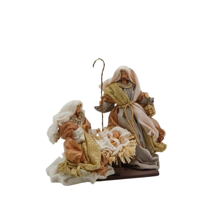 Natività Sacra Famiglia in Resina e Tessuto Sartoriale Avorio e Oro H 25 cm - EDG Enzo De Gasperi