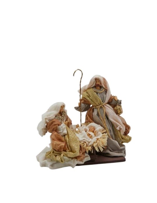 Natività Sacra Famiglia in Resina e Tessuto Sartoriale Avorio e Oro H 25 cm - EDG Enzo De Gasperi