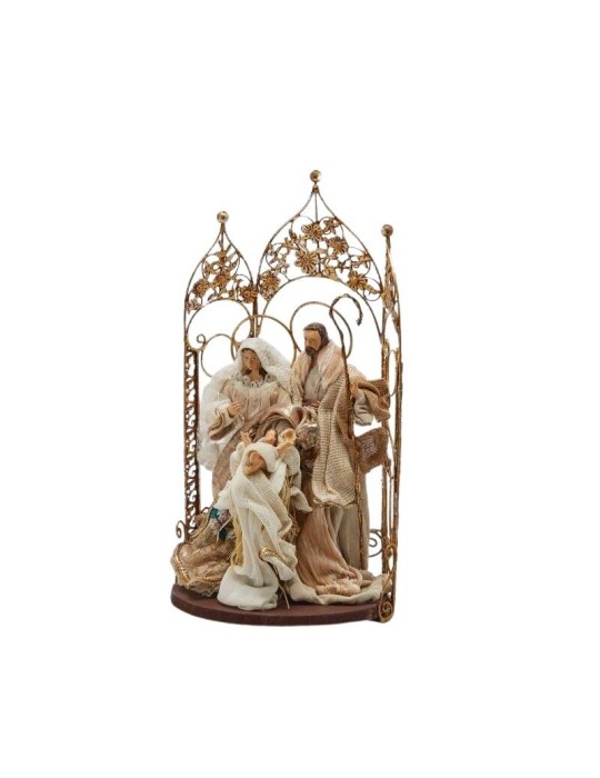 Natività Sacra Famiglia su Piedistallo con Arco Floreale in Metallo Dorato H 31 cm - EDG Enzo De Gasperi (31x18x15 cm)