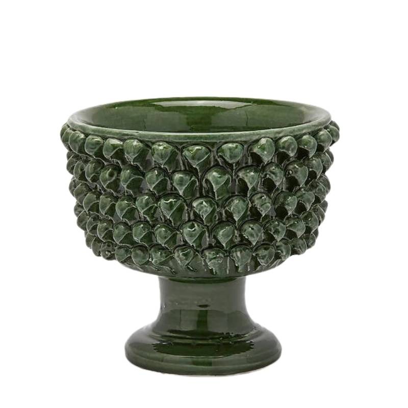 Vaso Ciotola con Piede Fenice Motivo Pigna in Ceramica Verde EDG Enzo De Gasperi – Ø 28 x H 24,5 cm