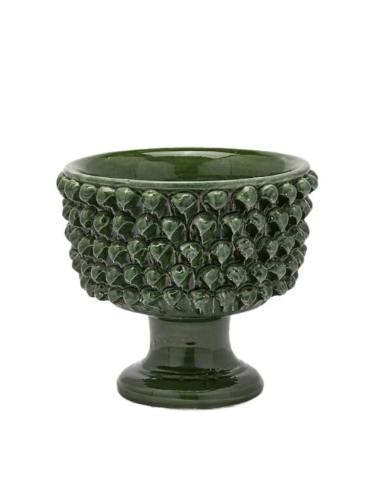 Vaso Ciotola con Piede Fenice Motivo Pigna in Ceramica Verde EDG Enzo De Gasperi – Ø 28 x H 24,5 cm