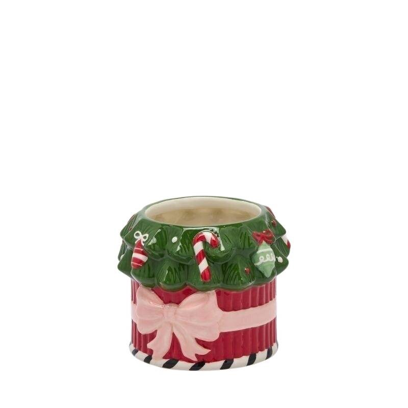 Vaso Natalizio in Ceramica Albero e Fiocco EDG Enzo De Gasperi – Rosa, Verde e Rosso – Ø 16,5 x H 14 cm