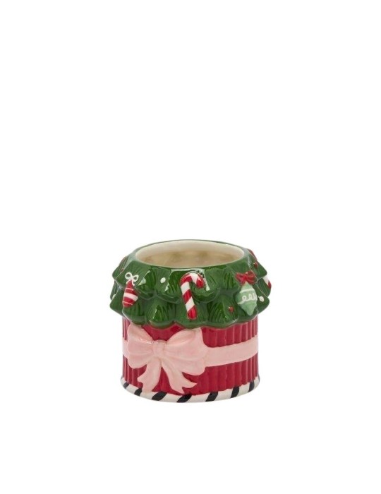 Vaso Natalizio in Ceramica Albero e Fiocco EDG Enzo De Gasperi – Rosa, Verde e Rosso – Ø 16,5 x H 14 cm