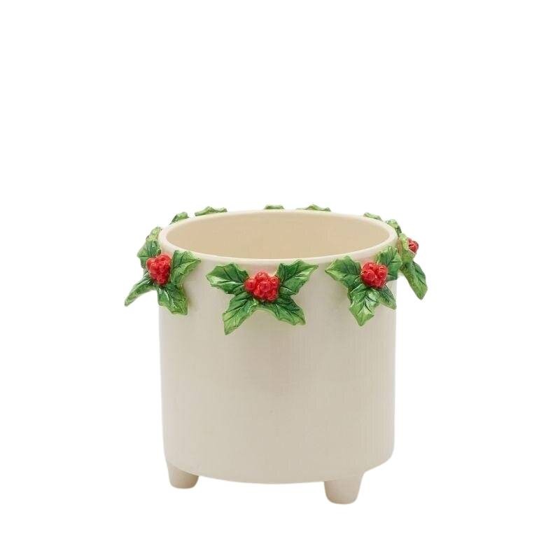 Vaso Cilindrico con Piedini in Ceramica Bianca e Agrifoglio EDG Enzo De Gasperi – Ø 17 x H 19 cm