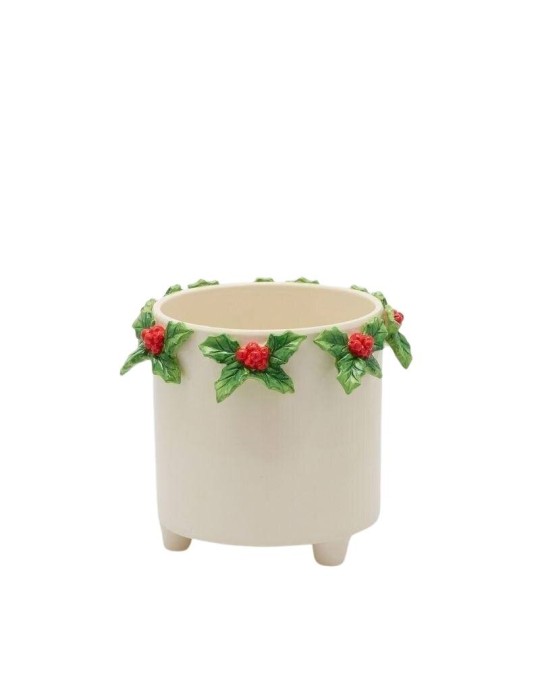 Vaso Cilindrico con Piedini in Ceramica Bianca e Agrifoglio EDG Enzo De Gasperi – Ø 17 x H 19 cm