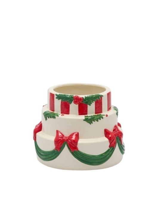 Vaso Centrotavola a Torta Natalizia in Ceramica Bianca con Fiocchi Rossi e Festoni Verdi EDG Enzo De Gasperi – Ø 20 x H 16 cm