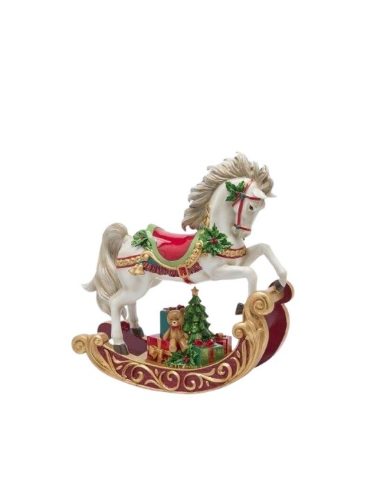 Cavallo a Dondolo Natalizio con Giocattoli e Albero EDG Enzo De Gasperi – Scultura Home Decor Rosso e Verde H 37 cm