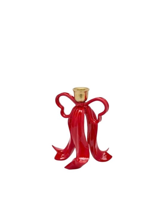 Portacandela Natalizio a Fiocco Rosso Lucido e Bobeche Oro EDG Enzo De Gasperi – H 16 cm