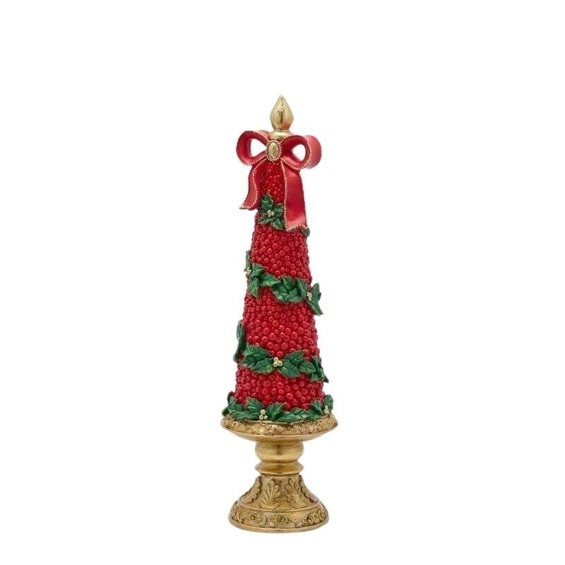 Albero Cono Natalizio con Bacche Rosse, Agrifoglio e Fiocco su Alzata Oro EDG Enzo De Gasperi – H 48 cm
