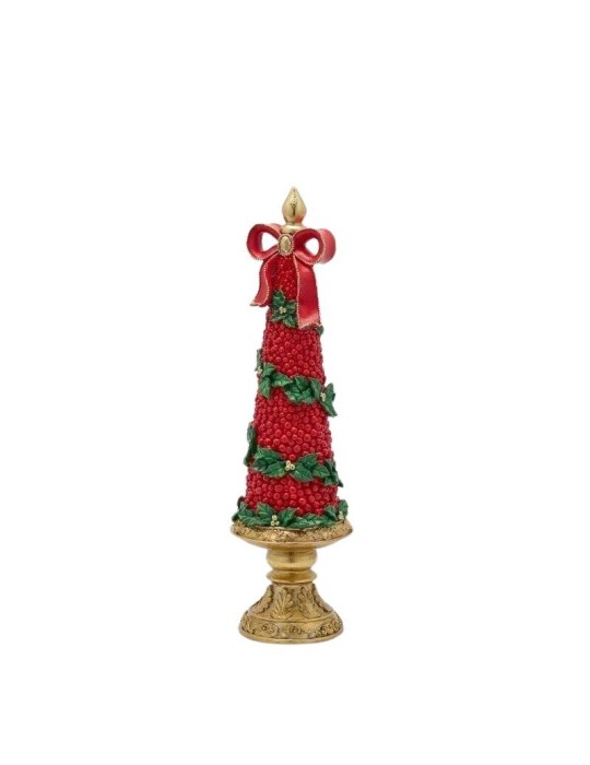 Albero Cono Natalizio con Bacche Rosse, Agrifoglio e Fiocco su Alzata Oro EDG Enzo De Gasperi – H 48 cm