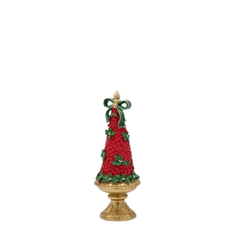 Albero Cono Natalizio con Bacche Rosse, Agrifoglio e Fiocco su Alzata Oro EDG Enzo De Gasperi – H 34 cm