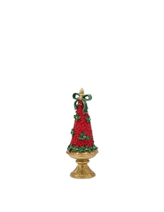 Albero Cono Natalizio con Bacche Rosse, Agrifoglio e Fiocco su Alzata Oro EDG Enzo De Gasperi – H 34 cm