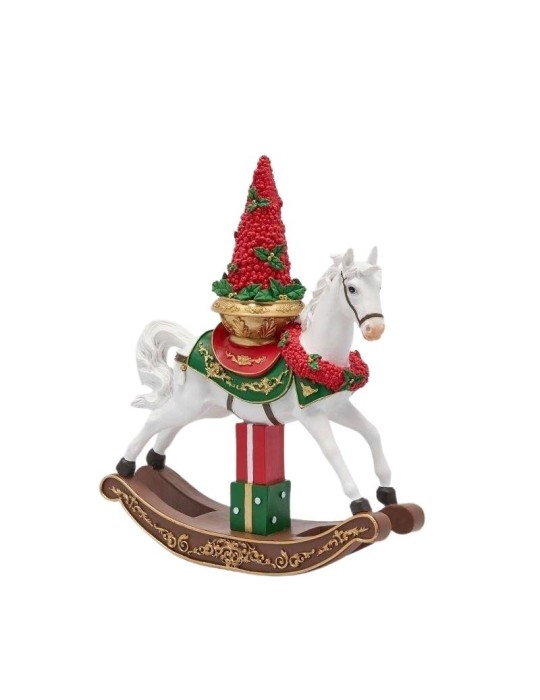 Cavallo a Dondolo Natalizio con Albero di Bacche e Pacchi Regalo EDG Enzo De Gasperi – Bianco e Rosso H 43,5 cm