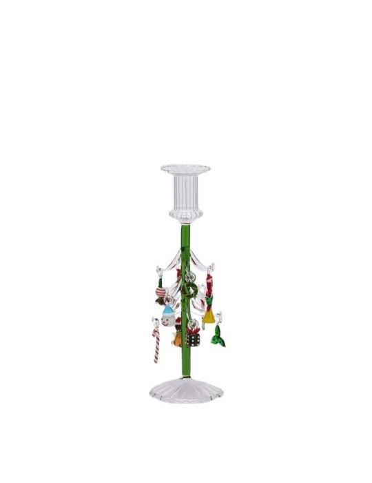 Portacandela Natalizio ad Albero di Natale in Vetro Decorato EDG Enzo De Gasperi – Ø 8 cm, H 25 cm