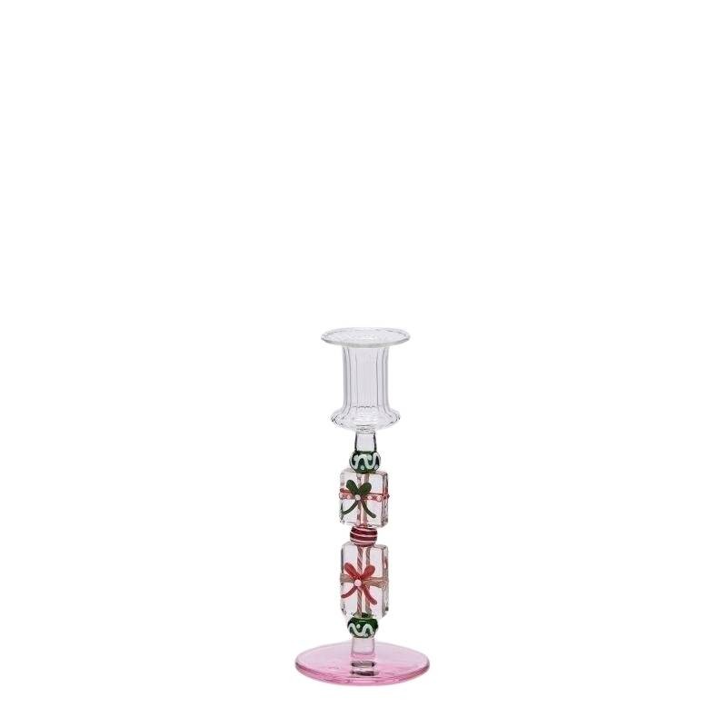 Candelabro in Vetro H18.5 Rosa e Verde EDG con Confezione Regalo