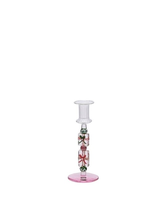 Candelabro in Vetro H18.5 Rosa e Verde EDG con Confezione Regalo
