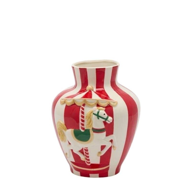 Vaso Anfora in Ceramica con Cavallo da Giostra Carosello H26 D21 Bianco e Rosso - EDG Enzo De Gasperi