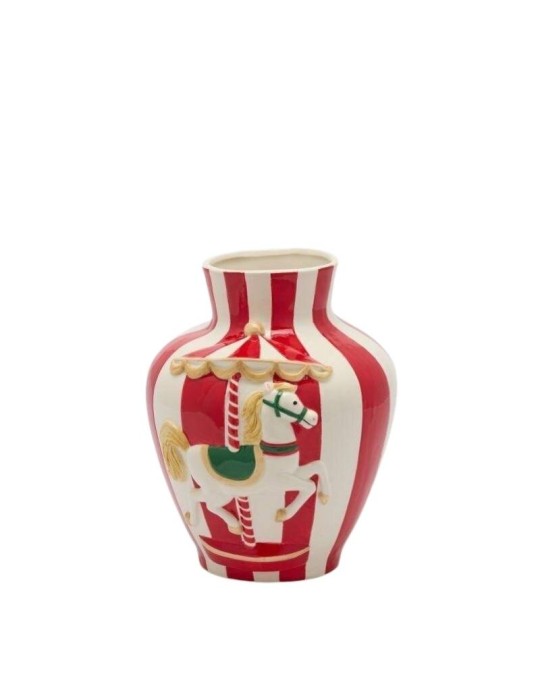 Vaso Anfora in Ceramica con Cavallo da Giostra Carosello H26 D21 Bianco e Rosso - EDG Enzo De Gasperi
