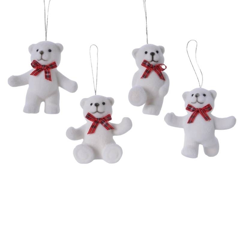 Set 4 Appendini Natalizi Orsetti Bianchi Effetto Velluto con Fiocco Tartan 6 cm – Kaemingk