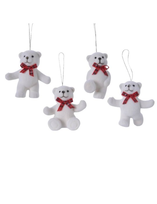 Set 4 Appendini Natalizi Orsetti Bianchi Effetto Velluto con Fiocco Tartan 6 cm – Kaemingk