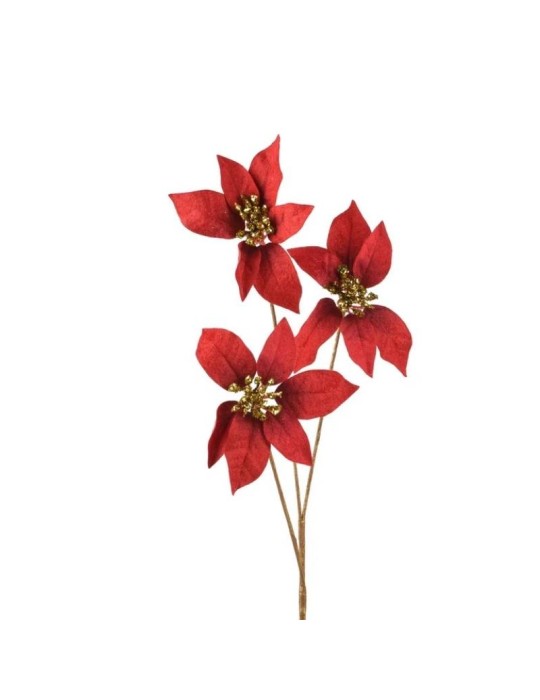 Ramo Decorativo Natalizio con 3 Stelle di Natale Rosse ed Effetto Velluto Kaemingk (L 60-70 cm)