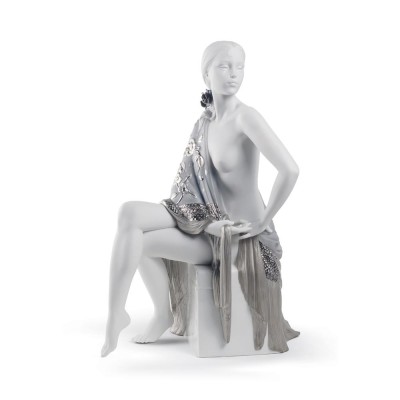 Lladrò Scultura Donna con scialle argento in porcellana...