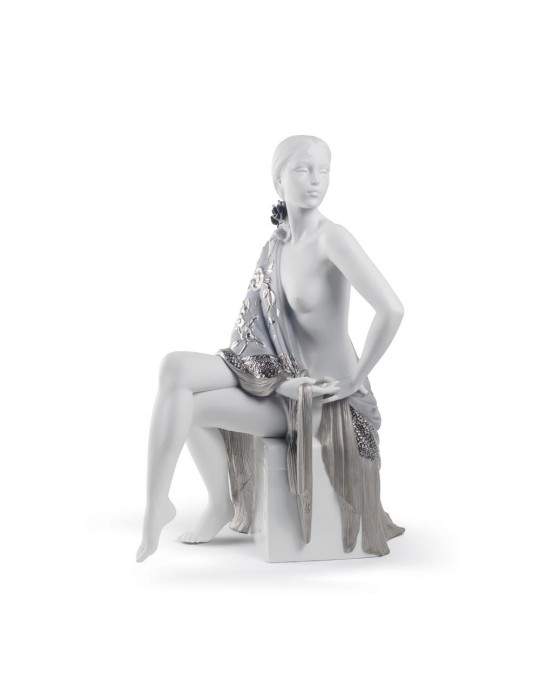 Lladrò Scultura Donna con scialle argento in porcellana handmade