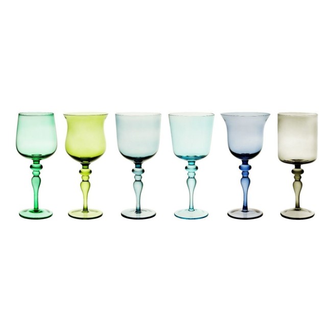 Set 6 Calici Vino Bitossi Diseguale Nuance Blu/Verde con Stelo Lavorato