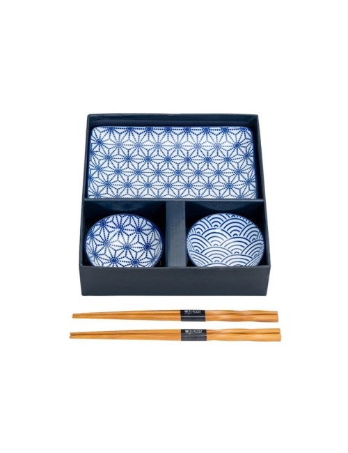 Nippon Blue Plate Set6 w/Chop 21x13.5 & 9.5x3cm Wa