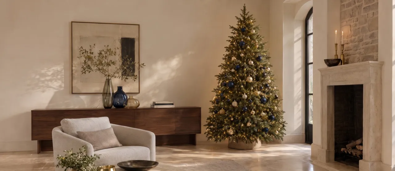 Soggiorno elegante con albero di Natale illuminato, palle blu e oro e camino in pietra